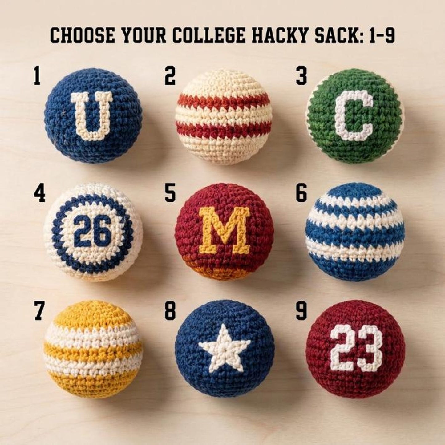 Golden Wool™ | College Crochet Footbag Hacky Sack Set, Varsity Stress Ball, Dorm Room Gift for Students, Freshman Gift, Campus Game Day Toy