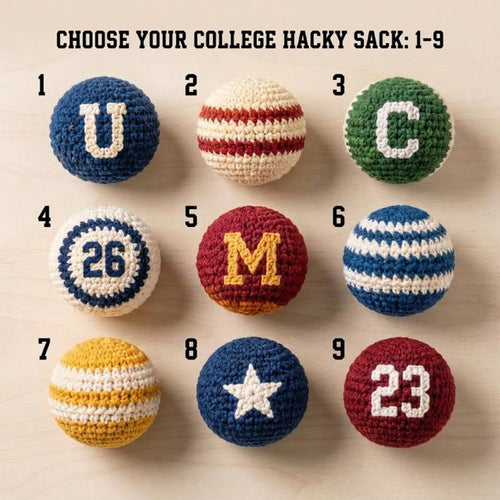 Golden Wool™ | College Crochet Footbag Hacky Sack Set, Varsity Stress Ball, Dorm Room Gift for Students, Freshman Gift, Campus Game Day Toy