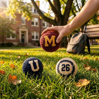 Golden Wool™ | College Crochet Footbag Hacky Sack Set, Varsity Stress Ball, Dorm Room Gift for Students, Freshman Gift, Campus Game Day Toy