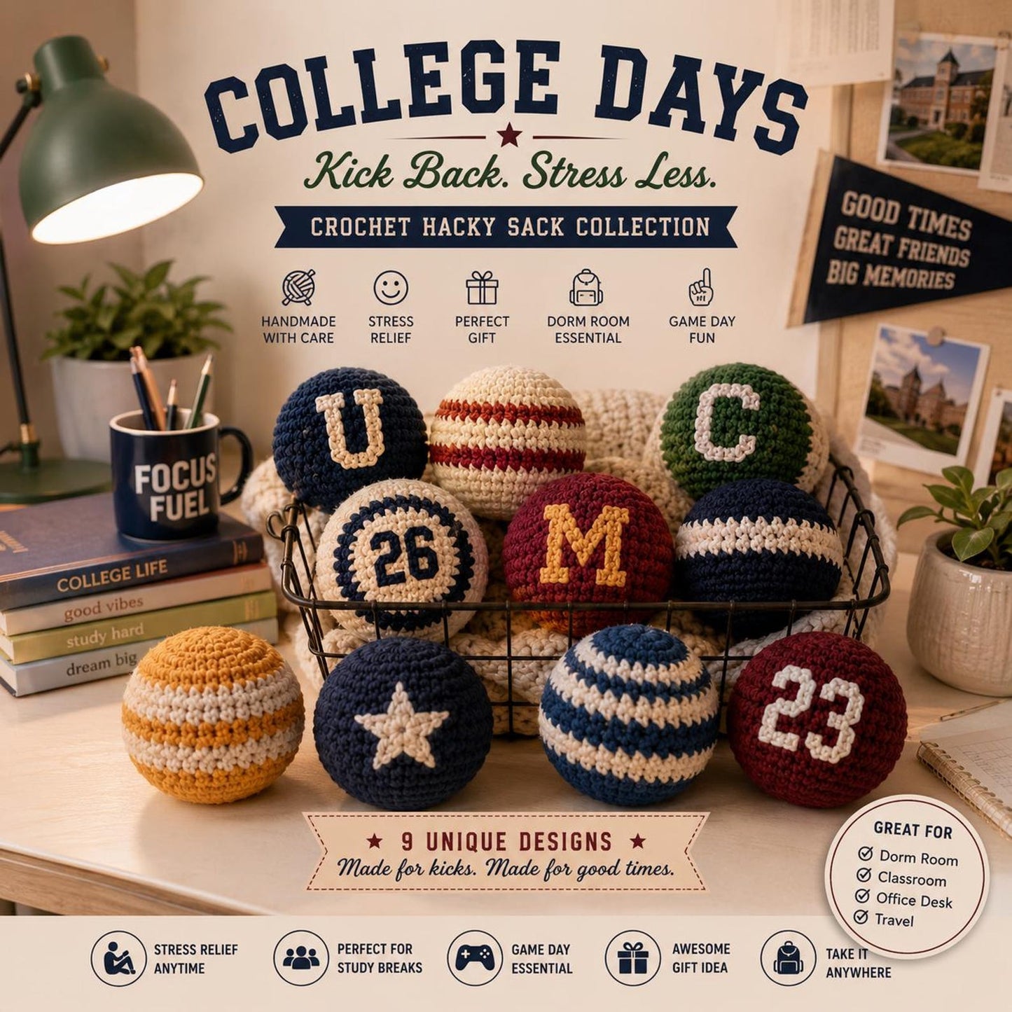Golden Wool™ | College Crochet Footbag Hacky Sack Set, Varsity Stress Ball, Dorm Room Gift for Students, Freshman Gift, Campus Game Day Toy