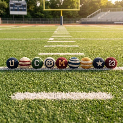 Golden Wool™ | College Crochet Footbag Hacky Sack Set, Varsity Stress Ball, Dorm Room Gift for Students, Freshman Gift, Campus Game Day Toy