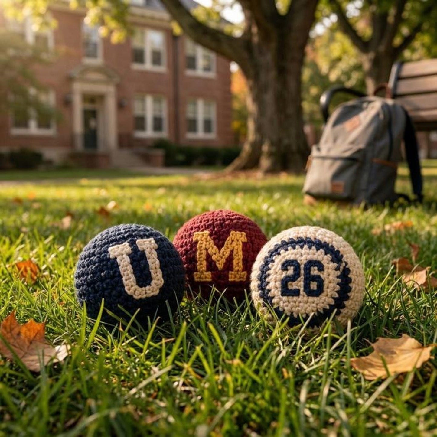 Golden Wool™ | College Crochet Footbag Hacky Sack Set, Varsity Stress Ball, Dorm Room Gift for Students, Freshman Gift, Campus Game Day Toy