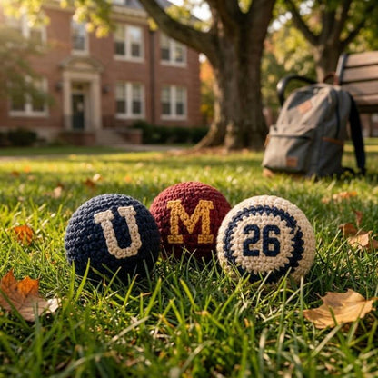 Golden Wool™ | College Crochet Footbag Hacky Sack Set, Varsity Stress Ball, Dorm Room Gift for Students, Freshman Gift, Campus Game Day Toy