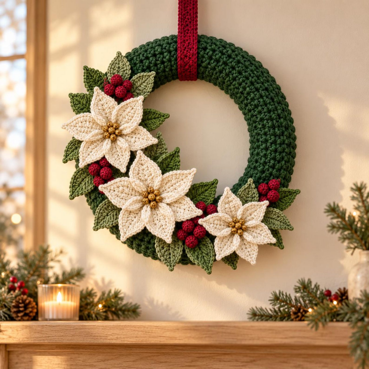 Crochet Christmas Wreath Pattern PDF, Poinsettia and Berry Wreath