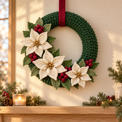 Crochet Christmas Wreath Pattern PDF, Poinsettia and Berry Wreath