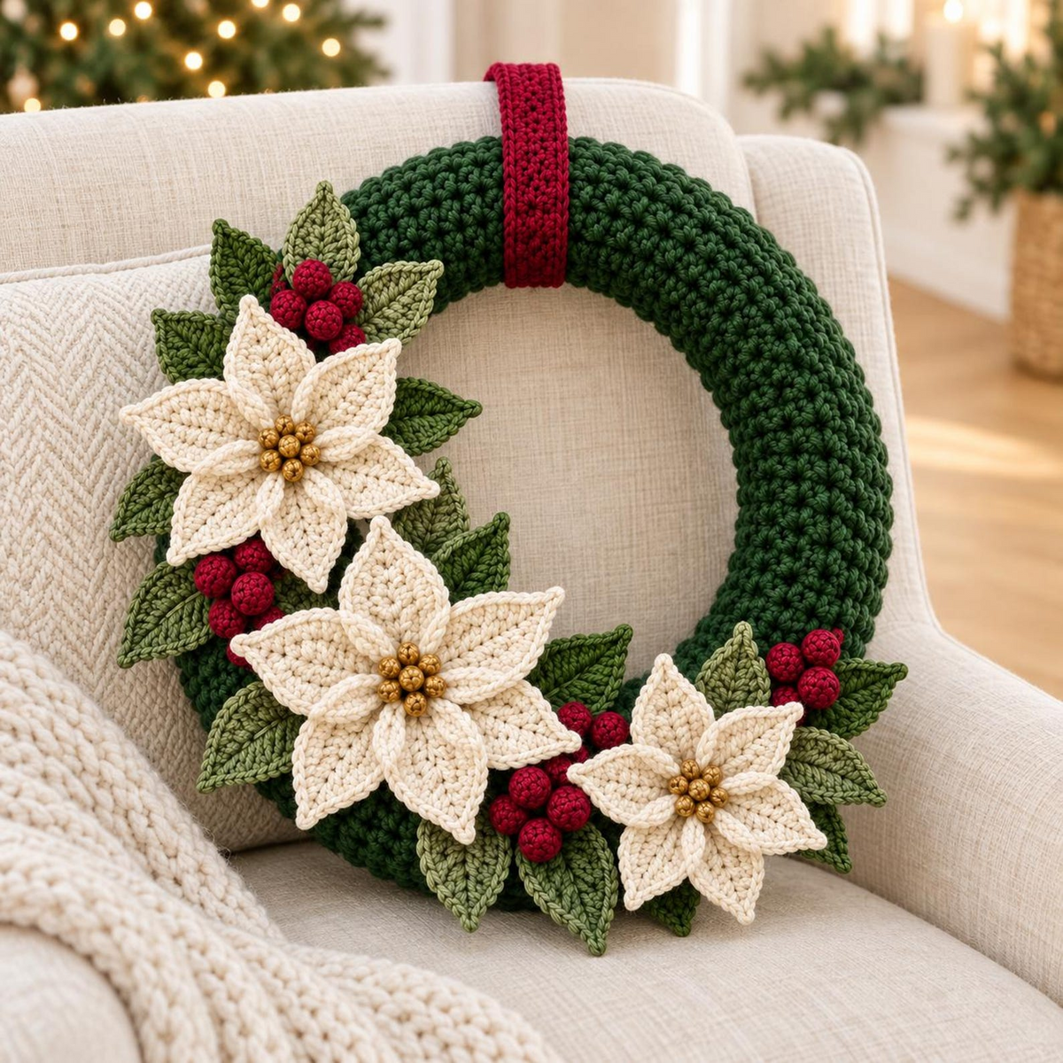 Crochet Christmas Wreath Pattern PDF, Poinsettia and Berry Wreath