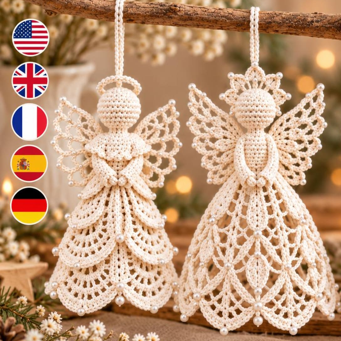 Crochet Angel Pattern PDF, 3 Lace Christmas Angel Ornaments, Pearl Wing Holiday Decor, 4 Language Digital Pattern
