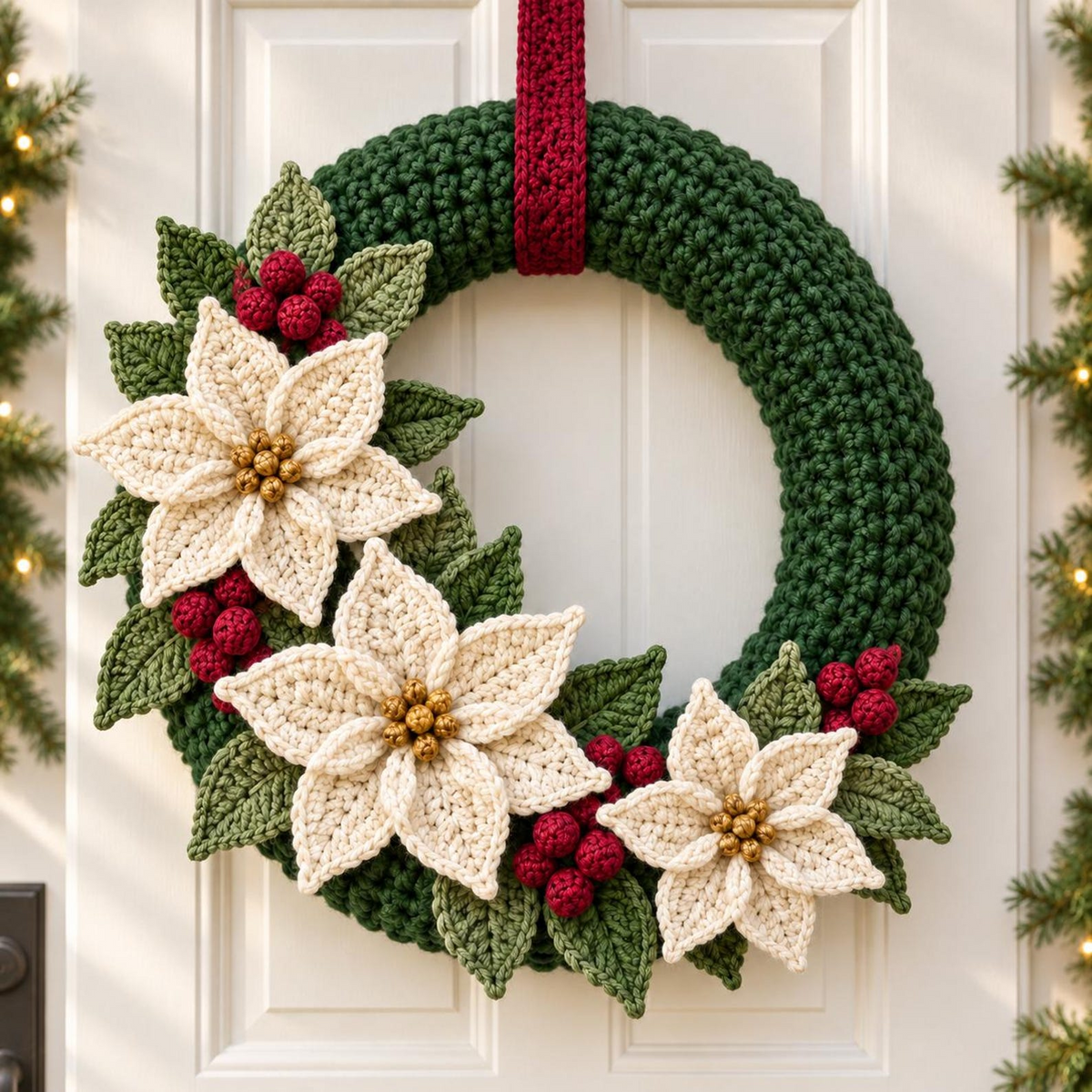 Crochet Christmas Wreath Pattern PDF, Poinsettia and Berry Wreath
