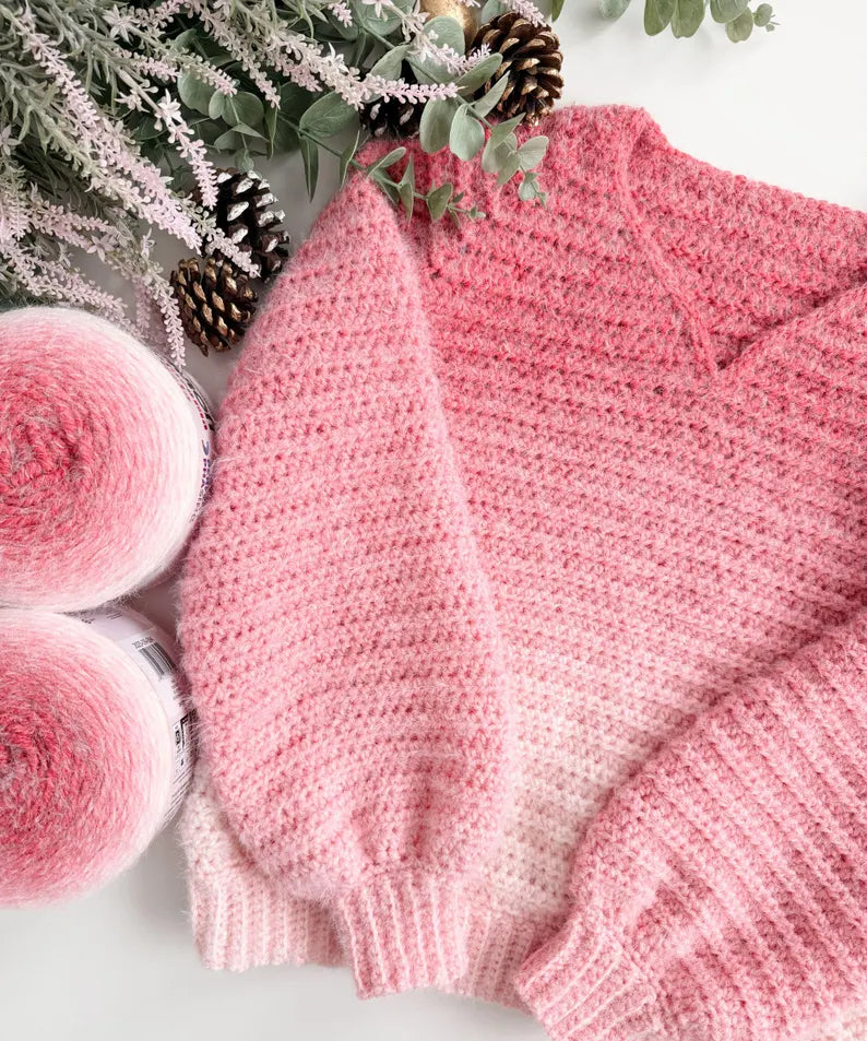 Halo Hugs V-Neck Sweater Crochet Pattern PDF | Women’s Top-Down Seamless Pullover XS–5X | Cozy Oversized Sweater + Video Tutorial