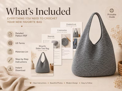 Golden Wool™ |Slouchy Hobo Tote Crochet Pattern, Modern Minimalist Shoulder Bag, 3 Sizes