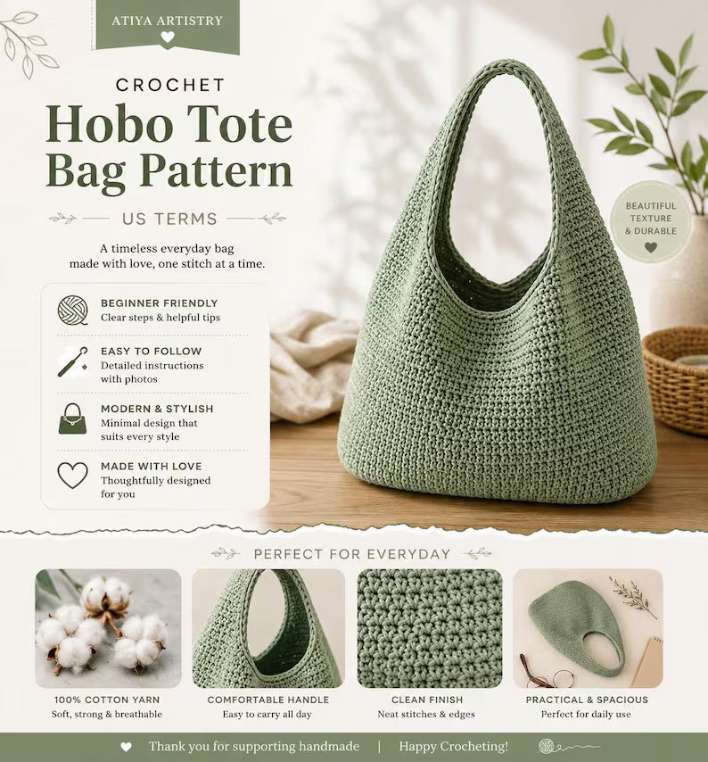 Golden Wool™ |Slouchy Hobo Tote Crochet Pattern, Modern Minimalist Shoulder Bag, 3 Sizes