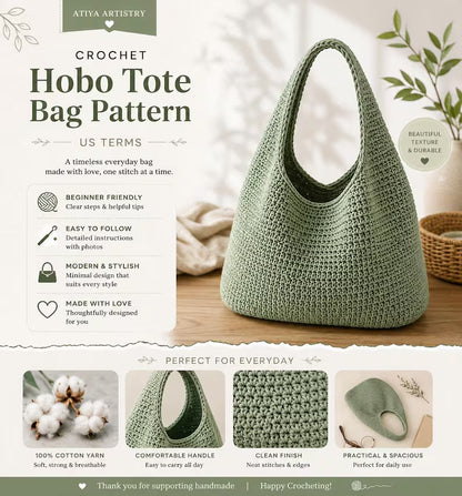 Golden Wool™ |Slouchy Hobo Tote Crochet Pattern, Modern Minimalist Shoulder Bag, 3 Sizes