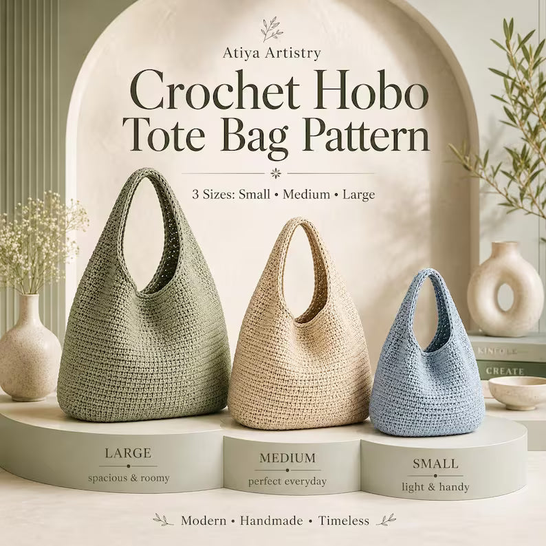 Golden Wool™ |Slouchy Hobo Tote Crochet Pattern, Modern Minimalist Shoulder Bag, 3 Sizes