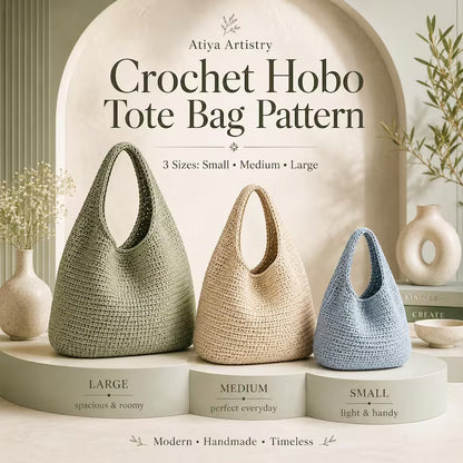 Golden Wool™ |Slouchy Hobo Tote Crochet Pattern, Modern Minimalist Shoulder Bag, 3 Sizes