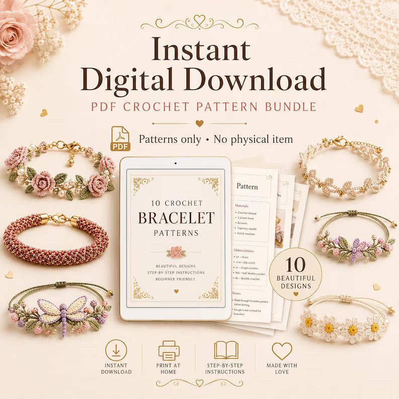 10 Crochet Bracelet Pattern Bundle PDF | Floral & Beaded Crochet Jewelry | Friendship Bracelet Tutorial | Beginner to Intermediate | Instant Download + Video Tutorial