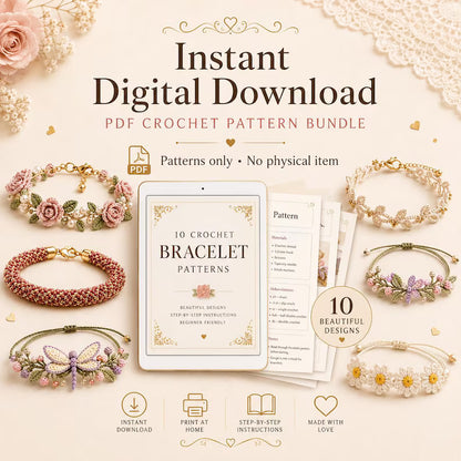 10 Crochet Bracelet Pattern Bundle PDF | Floral & Beaded Crochet Jewelry | Friendship Bracelet Tutorial | Beginner to Intermediate | Instant Download + Video Tutorial