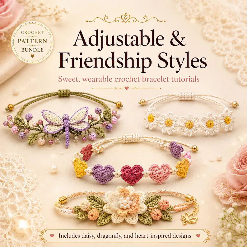 10 Crochet Bracelet Pattern Bundle PDF | Floral & Beaded Crochet Jewelry | Friendship Bracelet Tutorial | Beginner to Intermediate | Instant Download + Video Tutorial