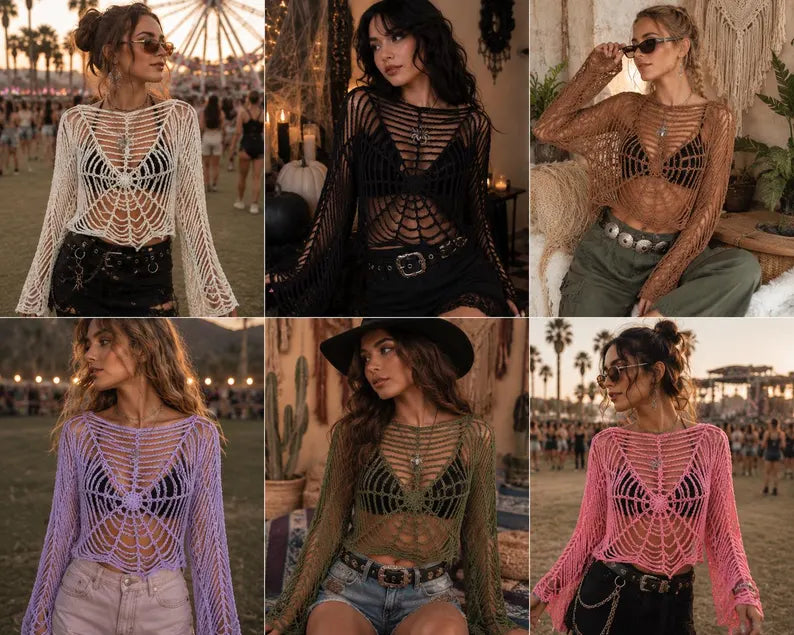 Spiderweb Lace Top Crochet Pattern PDF | Goth Mesh Sweater | Halloween Crochet Top - Golden Wool