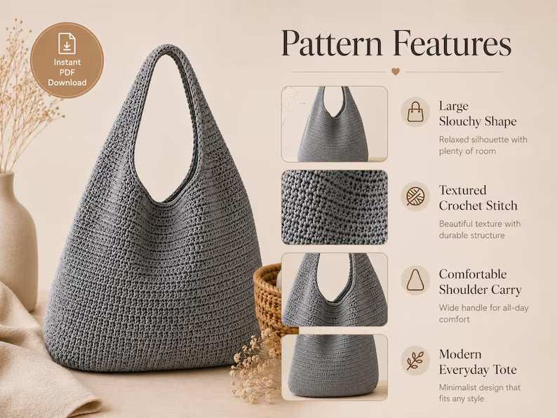 Golden Wool™ |Slouchy Hobo Tote Crochet Pattern, Modern Minimalist Shoulder Bag, 3 Sizes