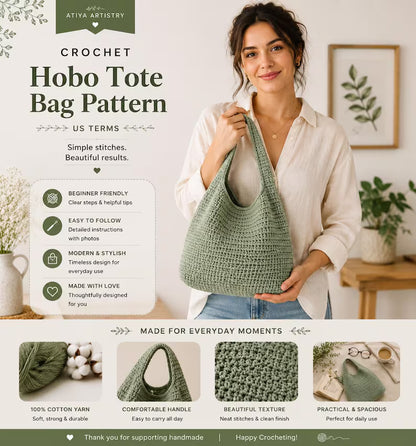 Golden Wool™ |Slouchy Hobo Tote Crochet Pattern, Modern Minimalist Shoulder Bag, 3 Sizes