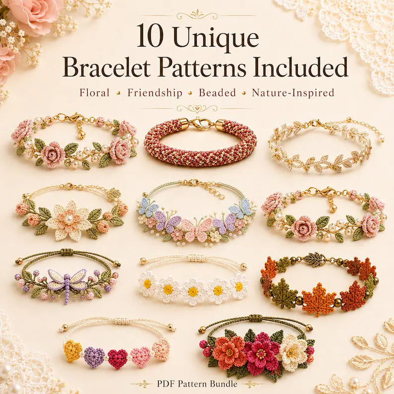 10 Crochet Bracelet Pattern Bundle PDF | Floral & Beaded Crochet Jewelry | Friendship Bracelet Tutorial | Beginner to Intermediate | Instant Download + Video Tutorial