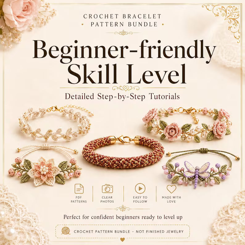 10 Crochet Bracelet Pattern Bundle PDF | Floral & Beaded Crochet Jewelry | Friendship Bracelet Tutorial | Beginner to Intermediate | Instant Download + Video Tutorial