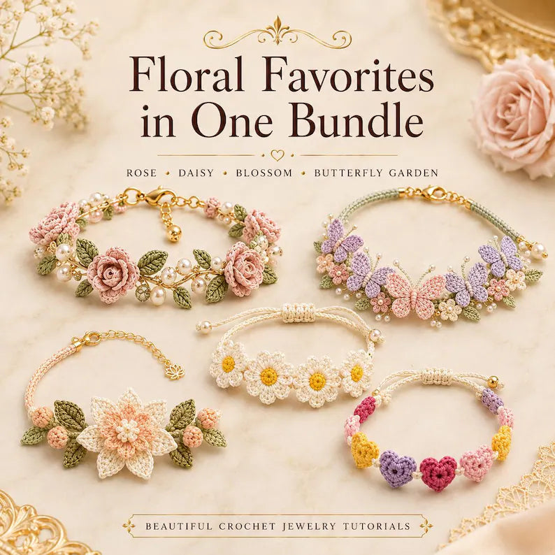 10 Crochet Bracelet Pattern Bundle PDF | Floral & Beaded Crochet Jewelry | Friendship Bracelet Tutorial | Beginner to Intermediate | Instant Download + Video Tutorial