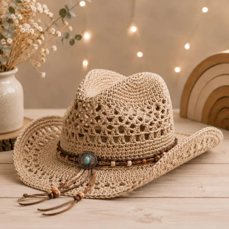 Crochet Cowboy Hat Pattern PDF + Video | Boho Western Cowgirl Hat | Mesh Crochet Sun Hat | Beginner Friendly | Instant Download