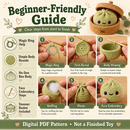Dumpling & Steamer Crochet Pattern PDF, No Sew Bao Bun Plushie, Easy Beginner Amigurumi Food Tutorial - Golden Wool