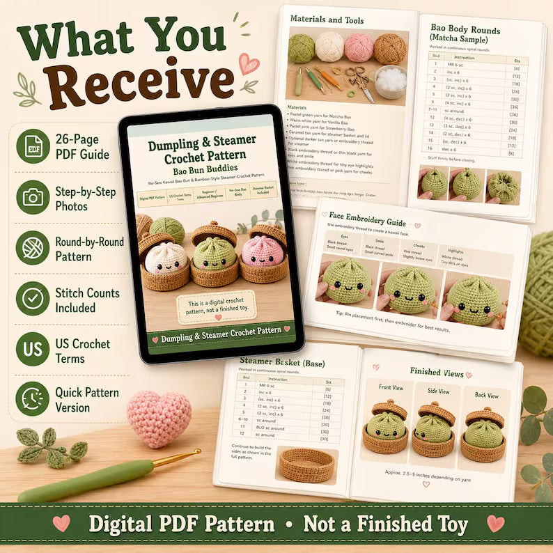 Dumpling & Steamer Crochet Pattern PDF, No Sew Bao Bun Plushie, Easy Beginner Amigurumi Food Tutorial - Golden Wool