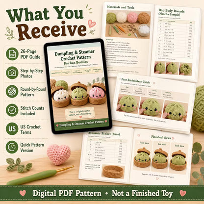 Dumpling & Steamer Crochet Pattern PDF, No Sew Bao Bun Plushie, Easy Beginner Amigurumi Food Tutorial - Golden Wool