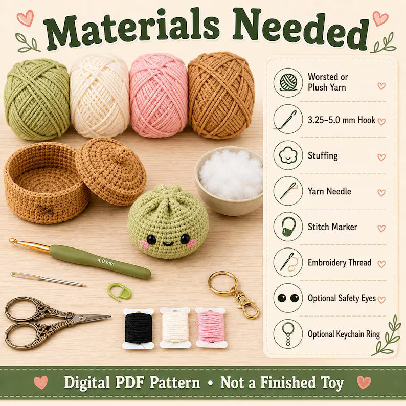 Dumpling & Steamer Crochet Pattern PDF, No Sew Bao Bun Plushie, Easy Beginner Amigurumi Food Tutorial - Golden Wool