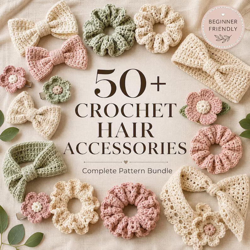 50+ Crochet Hair Accessory Patterns PDF Bundle – Bows, Scrunchies, Flowers, Headbands & Bandanas | Instant Digital Download with Video Tutorial