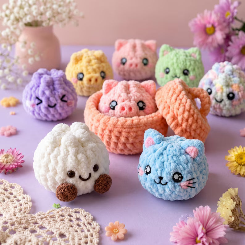 Animal Dumpling Amigurumi Crochet Pattern PDF – 6 Cute Mini Plushies & Gift Basket | Easy Digital Download with Step-by-Step Guide