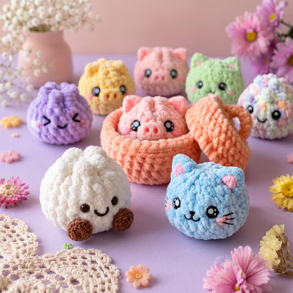 Animal Dumpling Amigurumi Crochet Pattern PDF – 6 Cute Mini Plushies & Gift Basket | Easy Digital Download with Step-by-Step Guide