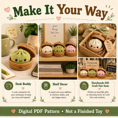 Dumpling & Steamer Crochet Pattern PDF, No Sew Bao Bun Plushie, Easy Beginner Amigurumi Food Tutorial - Golden Wool