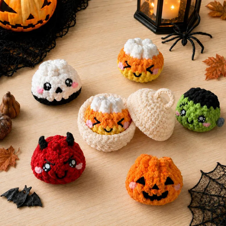 5 in 1_ Halloween Dumplings & Steamer Crochet Pattern PDF – 5 Cute No-Sew Spooky Amigurumi Plushies | Digital Download with Step-by-Step Video Tutorial