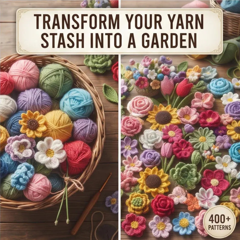 Golden Wool™ |400+ Crochet Flower Patterns Bundle | PDF Crochet Bouquet Collection | Roses, Tulips, Sunflowers & More | Step-by-Step Guide + Video Tutorial