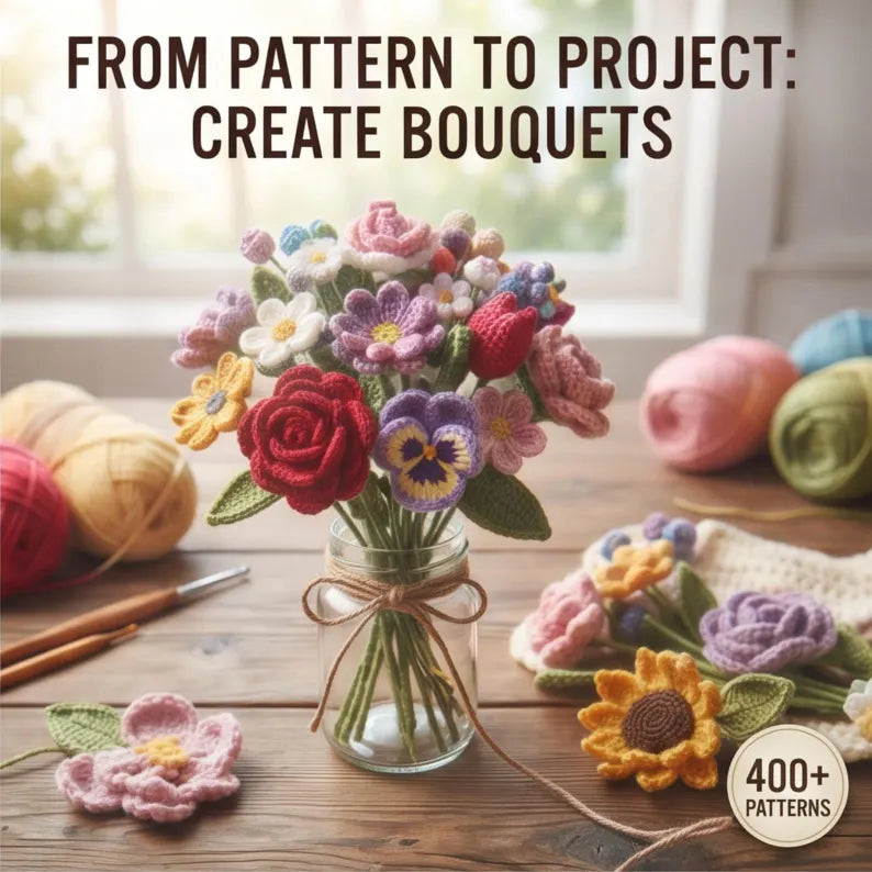 Golden Wool™ |400+ Crochet Flower Patterns Bundle | PDF Crochet Bouquet Collection | Roses, Tulips, Sunflowers & More | Step-by-Step Guide + Video Tutorial