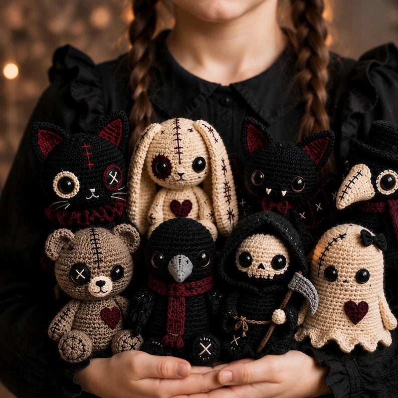 8⁺ Gothic Crochet Pattern Bundle | Creepy Cute Amigurumi Dolls | Halloween Plush PDF Patterns | Instant Digital Download