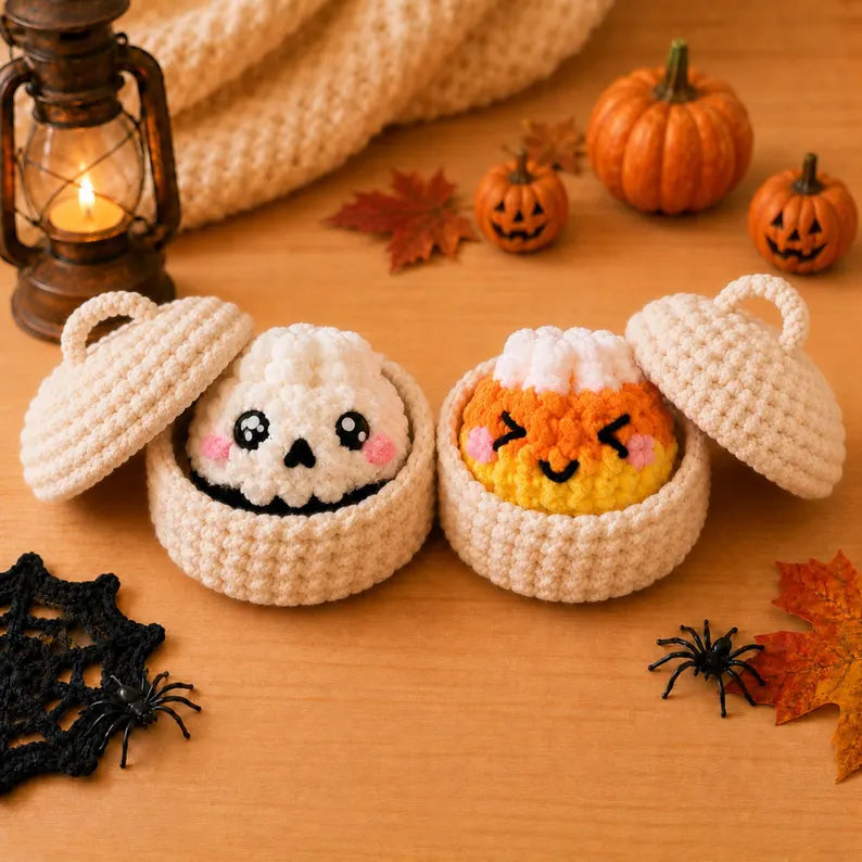 5 in 1_ Halloween Dumplings & Steamer Crochet Pattern PDF – 5 Cute No-Sew Spooky Amigurumi Plushies | Digital Download with Step-by-Step Video Tutorial