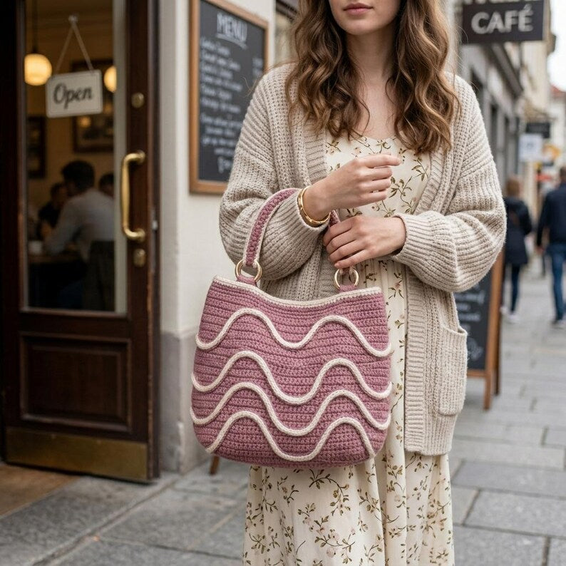 Crochet Wave Stripe Handbag Pattern PDF + Video | Modern Crochet Purse | Boho Top Handle Bag | Beginner Friendly | Instant Download