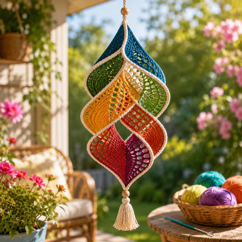 Crochet Wind Spinner Pattern PDF | Rainbow Spiral Hanging Decor | Boho Garden Ornament | Beginner-Friendly | Instant Download + Video Tutorial