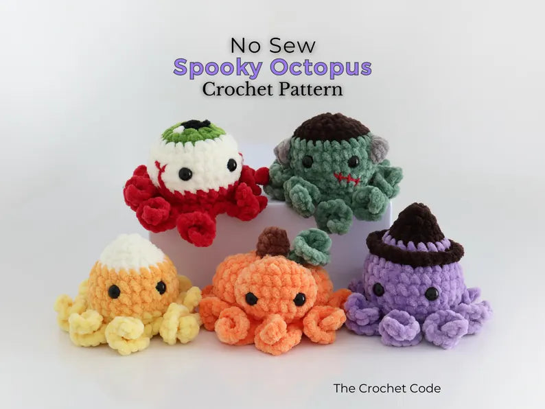5-in-1 Halloween Octopus Crochet Pattern PDF | No-Sew Spooky Amigurumi Bundle | Pumpkin, Witch, Frankenstein & Candy Corn Plush | Instant Download