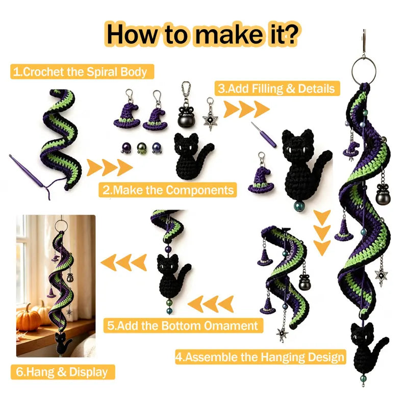 Halloween Crochet Spiral Wind Pattern – Ghost, Pumpkin, Cat & Bat Hanging Decor PDF