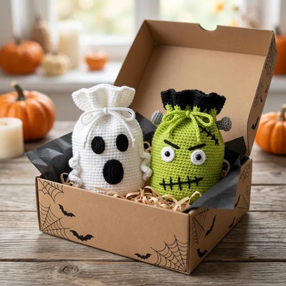 Halloween Crochet Treat Bag Pattern PDF – Pumpkin, Ghost, Frankenstein & Scarecrow Drawstring Candy Bags
