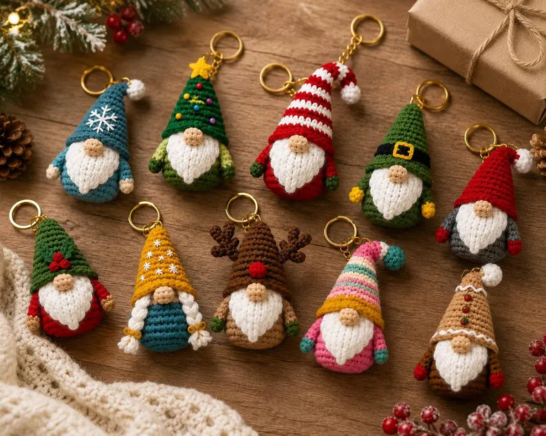10-in-1 Christmas Gnome Crochet Pattern Bundle PDF | Mini Amigurumi Gnome Keychains & Holiday Ornaments | Instant Download