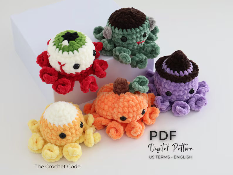 5-in-1 Halloween Octopus Crochet Pattern PDF | No-Sew Spooky Amigurumi Bundle | Pumpkin, Witch, Frankenstein & Candy Corn Plush | Instant Download