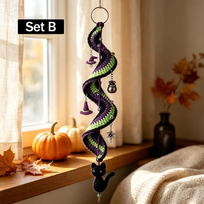 Halloween Crochet Spiral Wind Pattern – Ghost, Pumpkin, Cat & Bat Hanging Decor PDF