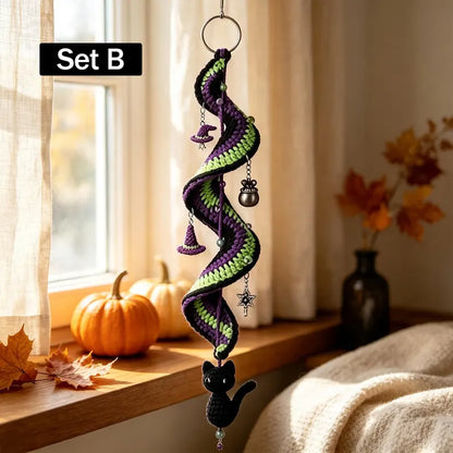 Halloween Crochet Spiral Wind Pattern – Ghost, Pumpkin, Cat & Bat Hanging Decor PDF